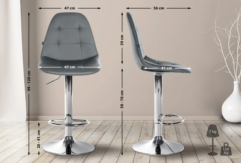 Tabouret de bar x1 avec repose-pieds hauteur réglable pivotant assise en PVC gris cadre métallique chromé 10_0004823