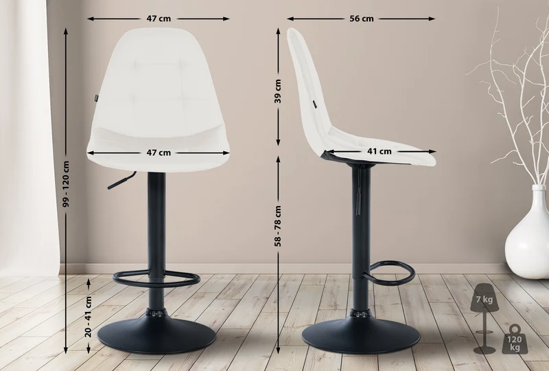 Tabouret de bar x1 avec repose-pieds hauteur réglable pivotant assise en PVC blanc cadre métallique noir 10_0004819