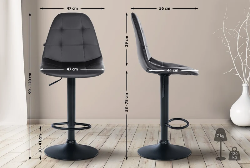 Tabouret de bar x1 avec repose-pieds hauteur réglable pivotant assise en PVC noir cadre métallique noir 10_0004818
