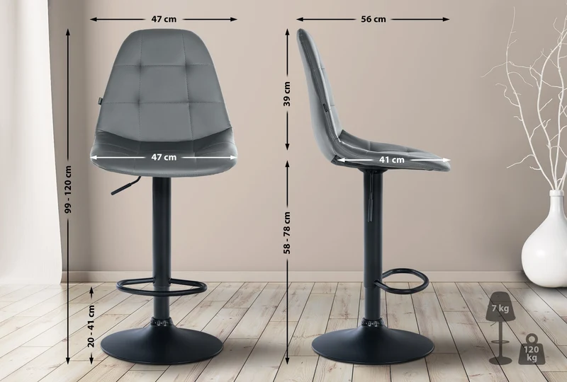 Tabouret de bar x1 avec repose-pieds hauteur réglable pivotant assise en PVC gris cadre métallique noir 10_0004815