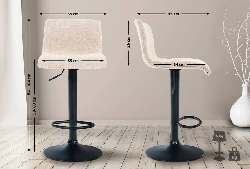Tabouret de bar avec repose-pieds pivotant dossier incurvé en tissu crème et métal noir 10_0004960