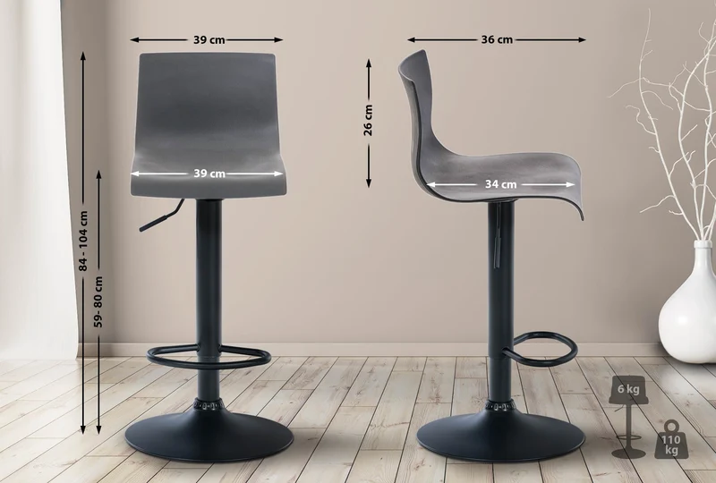 Tabouret de bar avec repose-pieds pivotant dossier incurvé en plastique gris et métal noir 10_0004934
