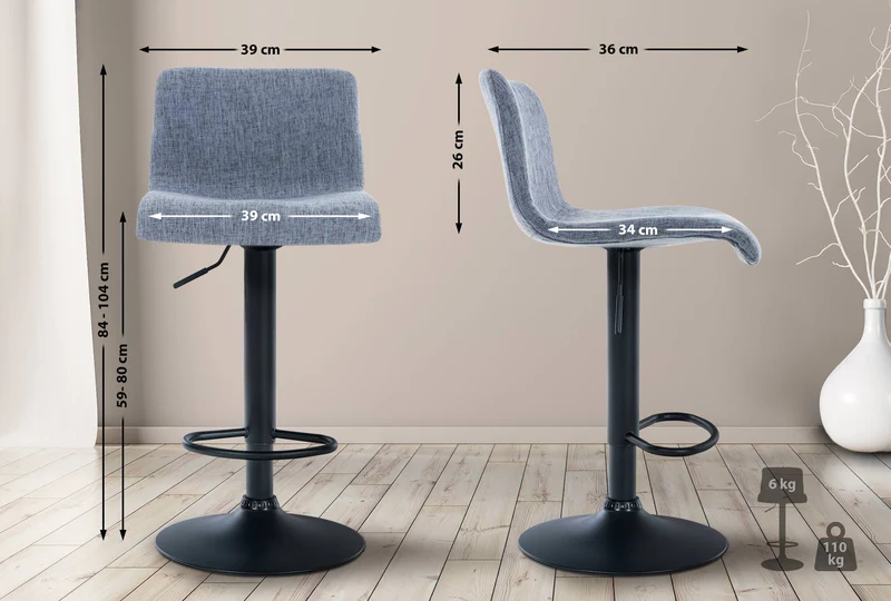 Tabouret de bar avec repose-pieds pivotant dossier incurvé en tissu bleu et métal noir 10_0004958