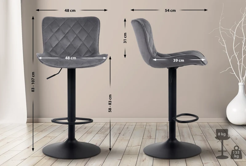Tabouret de bar x1 coutures décoratives pied trompette hauteur réglable en métal noir assise en velours gris foncé 10_0004861