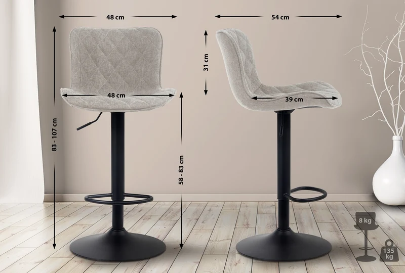 Lot de 2 tabourets de bar coutures décoratives pied trompette hauteur réglable en métal noir assise en tissu taupe 10_0004139