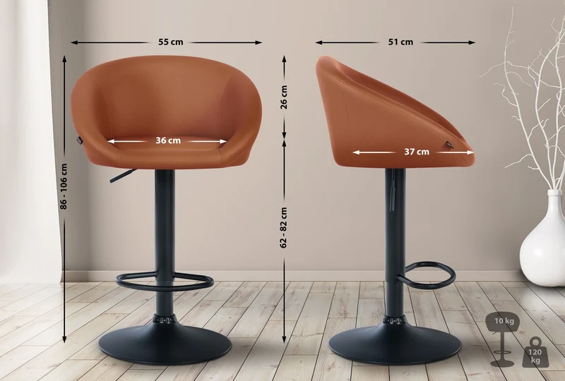 Tabouret de bar assise pivotante à 360° hauteur réglable en PVC marron clair piètement en métal noir 10_0004767