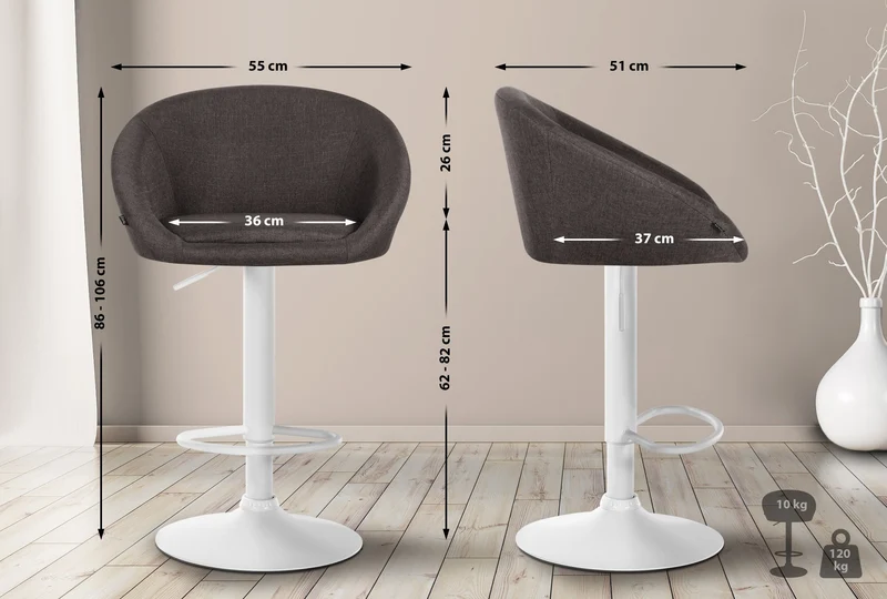Tabouret de bar assise pivotante à 360° hauteur réglable en tissu gris foncé piètement en métal blanc 10_0004775