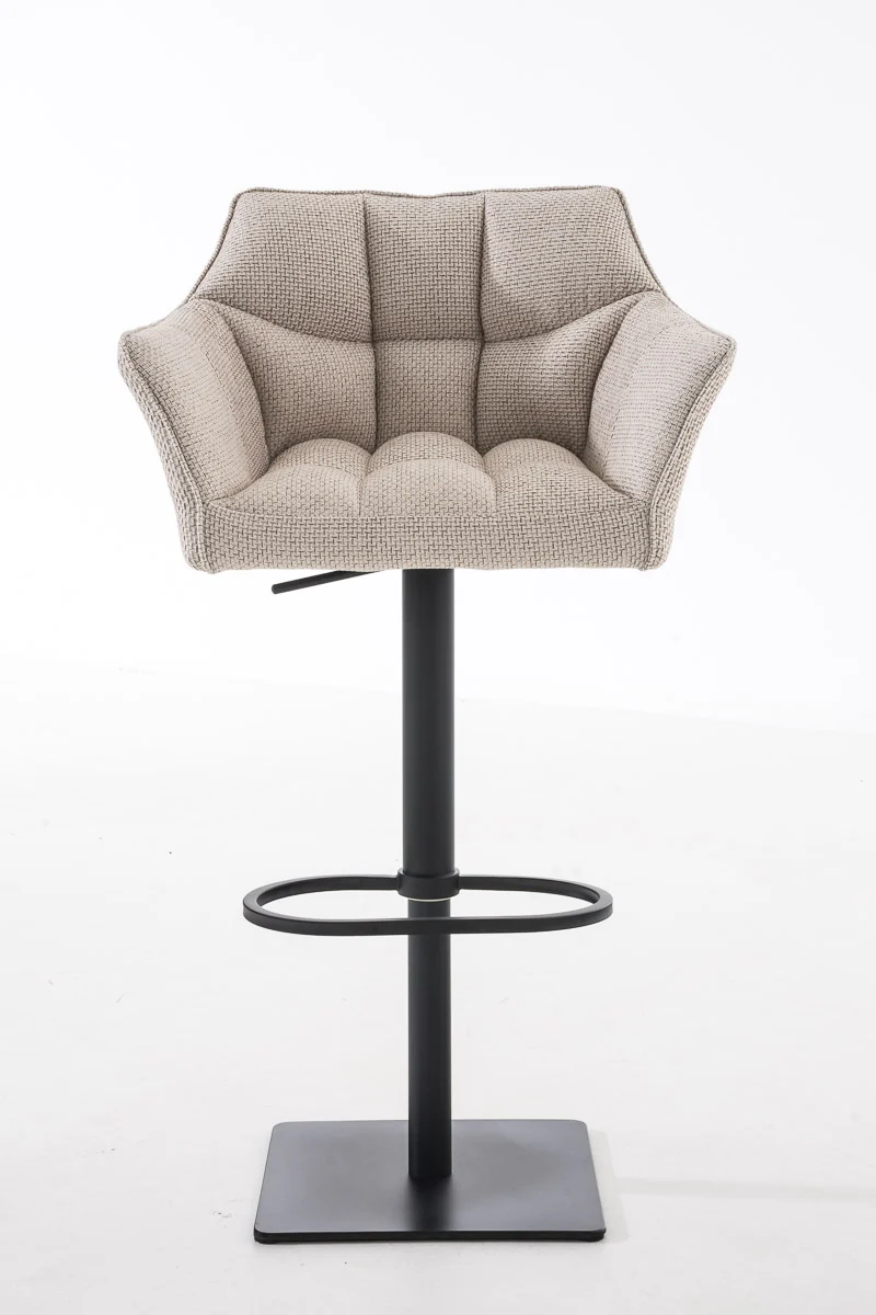 Tabouret de bar chaise haute de comptoir couture carrées assise en tissu crème cadre en métal noir 10_0004695