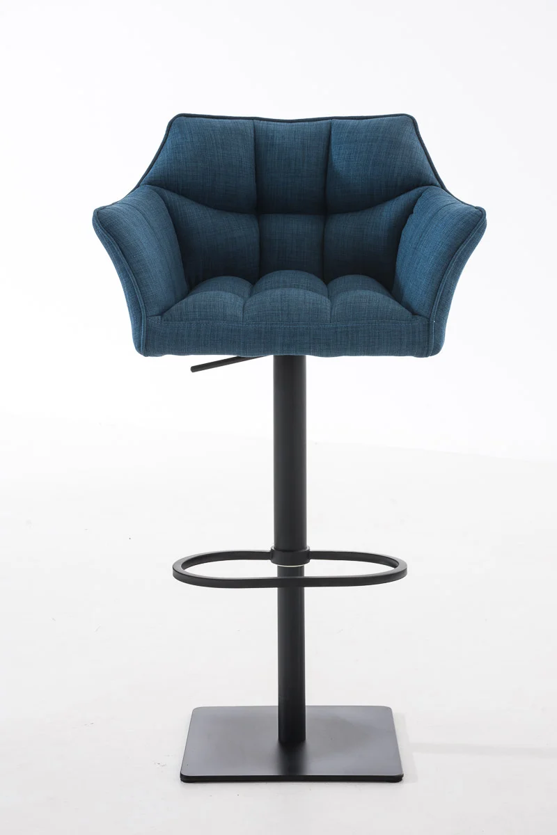 Tabouret de bar chaise haute de comptoir couture carrées assise en tissu bleu cadre en métal noir 10_0004693
