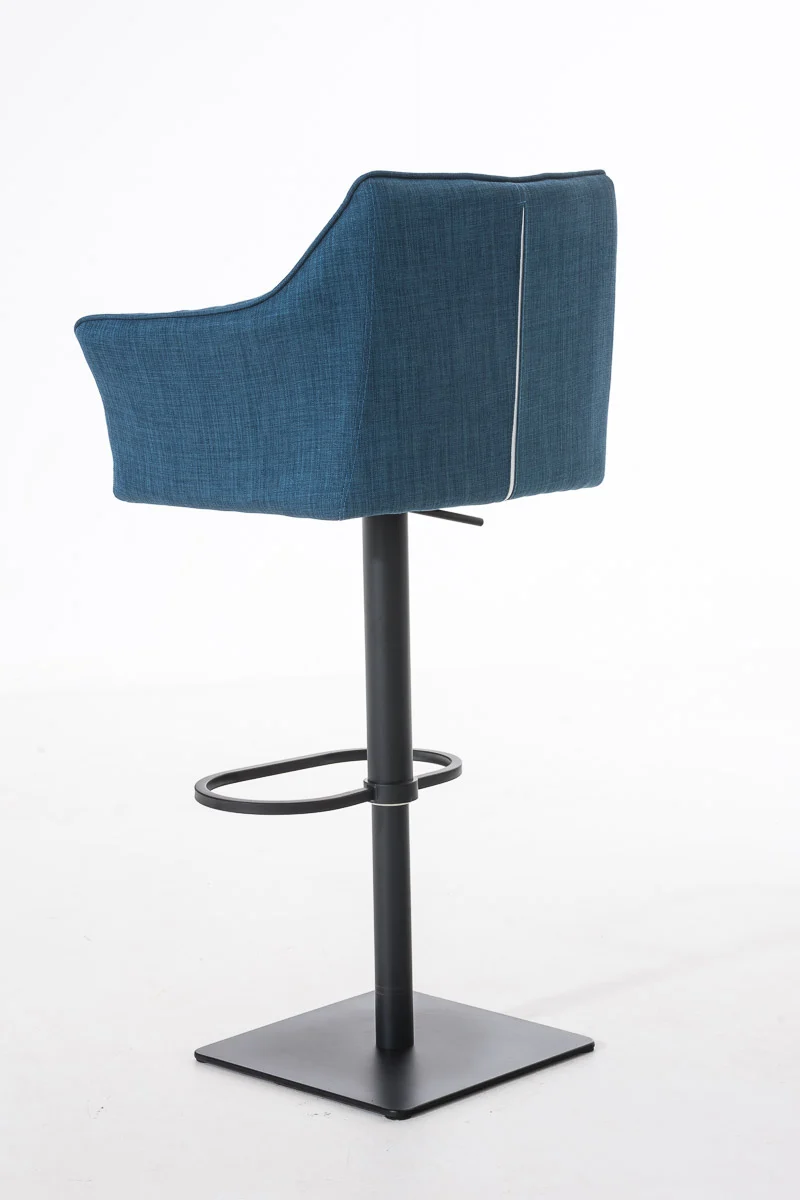 Tabouret de bar chaise haute de comptoir couture carrées assise en tissu bleu cadre en métal noir 10_0004693