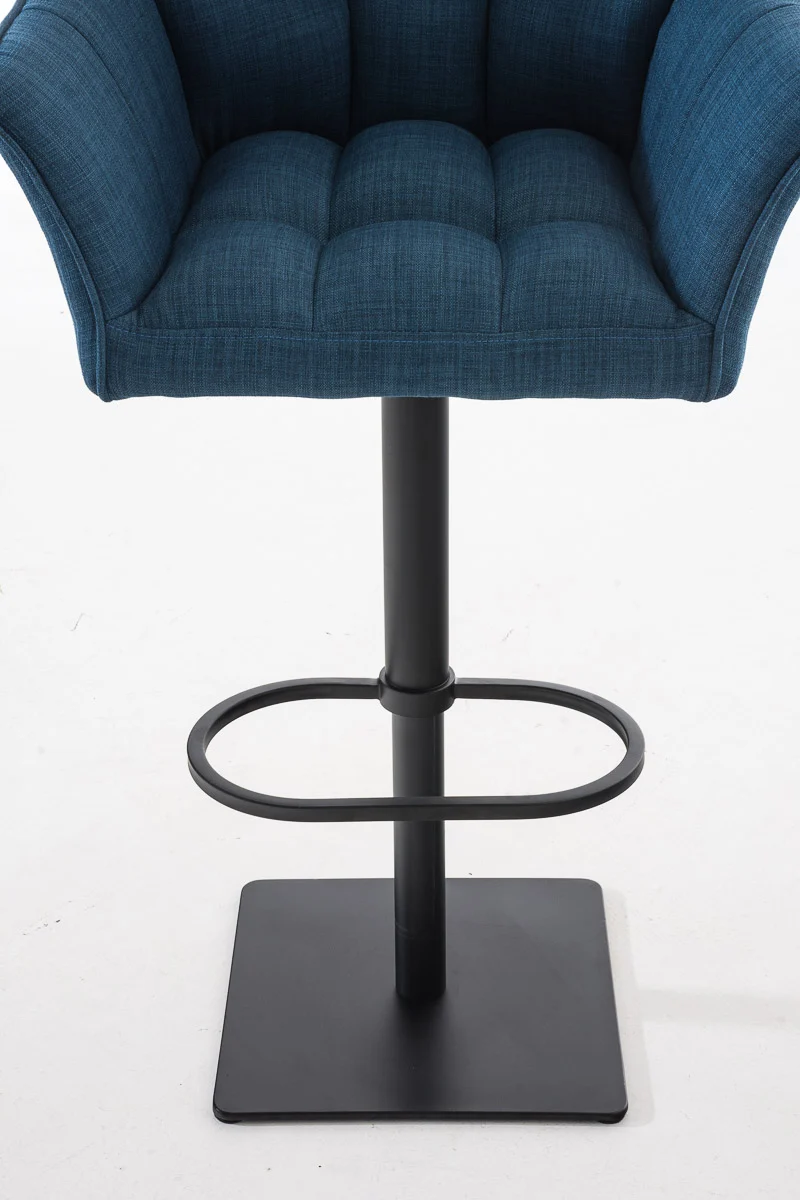 Tabouret de bar chaise haute de comptoir couture carrées assise en tissu bleu cadre en métal noir 10_0004693