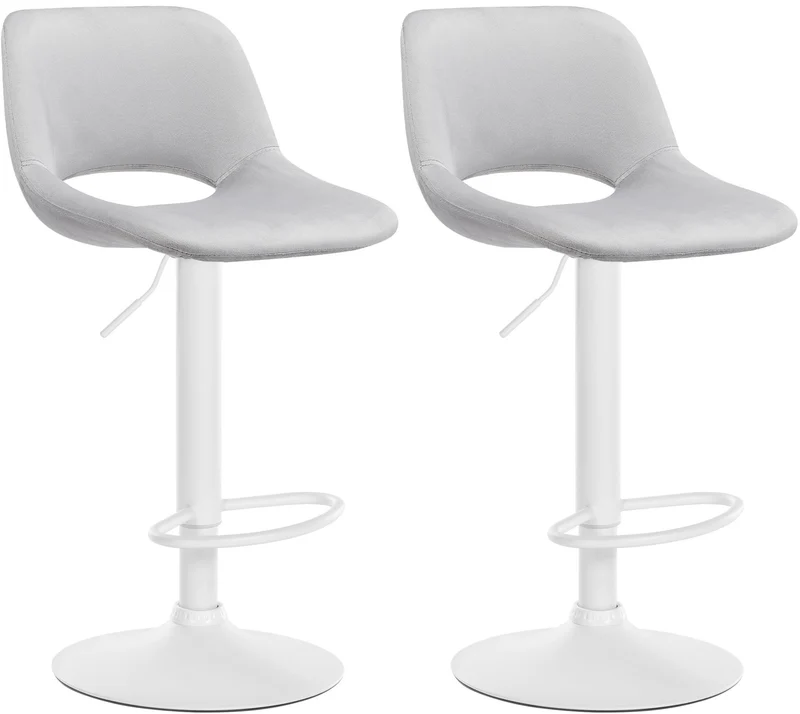 Tabourets de bar chaises haute x2 avec repose-pieds en velours gris clair piètement métallique blanc 10_0004089