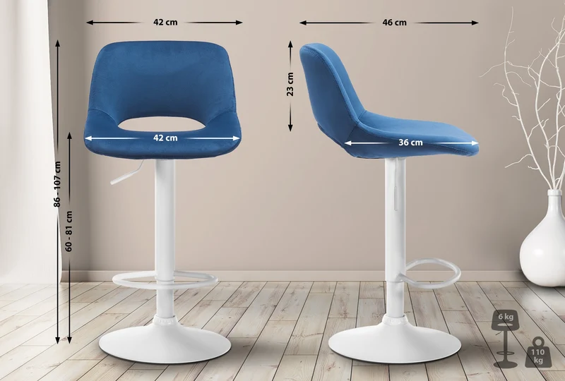 Tabourets de bar chaises haute x2 avec repose-pieds en velours bleu piètement métallique blanc 10_0004087