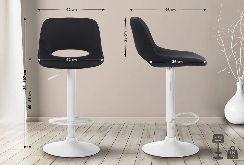 Tabourets de bar chaises haute x2 avec repose-pieds en velours noir piètement métallique blanc 10_0004092
