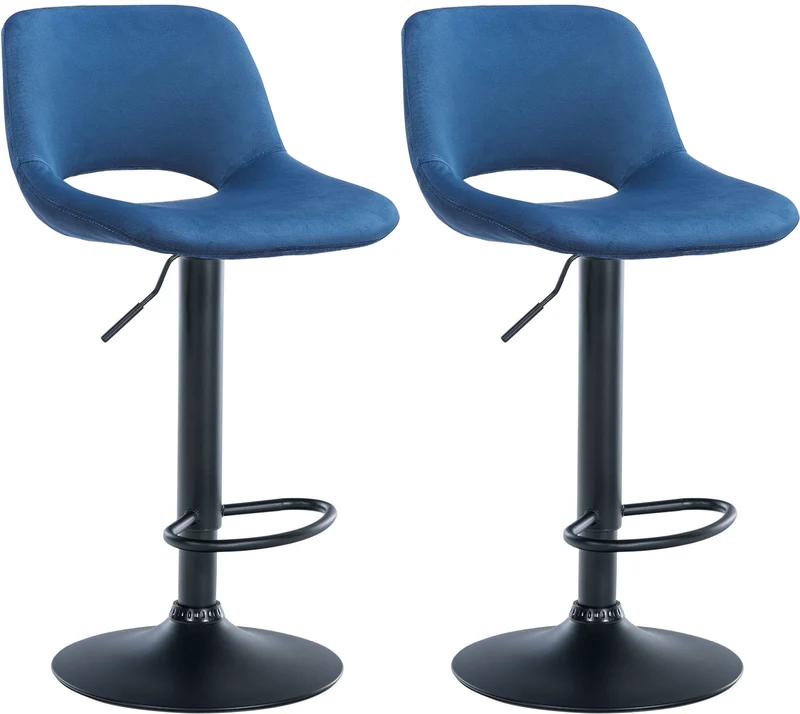Tabourets de bar chaises haute x2 avec repose-pieds en velours bleu piètement métallique noir 10_0004080
