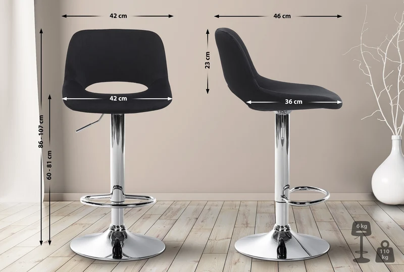 Tabourets de bar chaises haute x2 avec repose-pieds en velours noir piètement métallique chromé 10_0004078