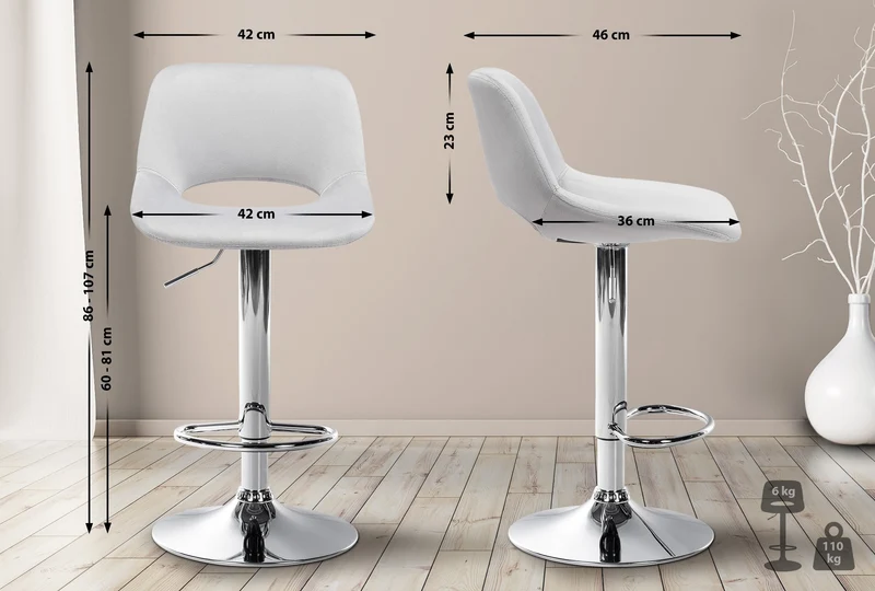 Tabourets de bar chaises haute x2 avec repose-pieds en velours gris clair piètement métallique chromé 10_0004075