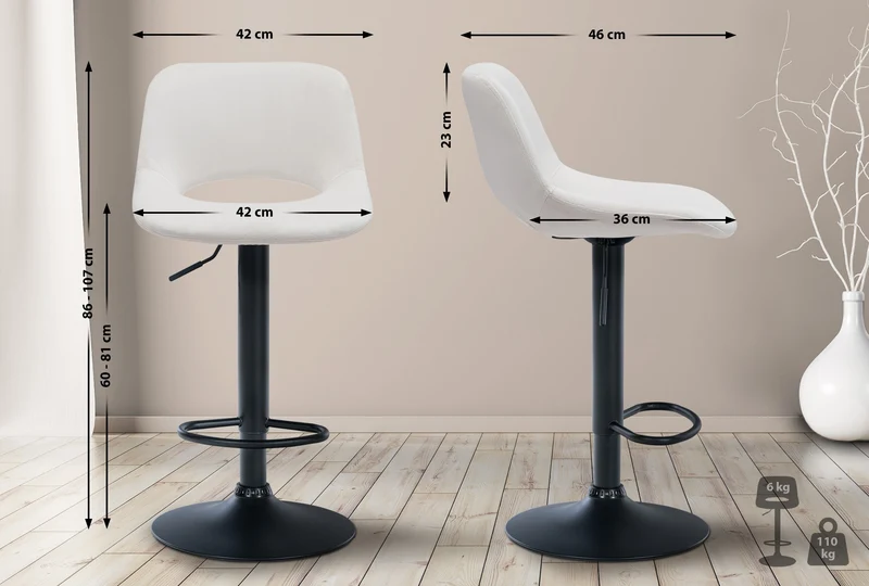 Tabouret de bar chaise haute x1 avec repose-pieds en velours crème piètement métallique noir 10_0004597