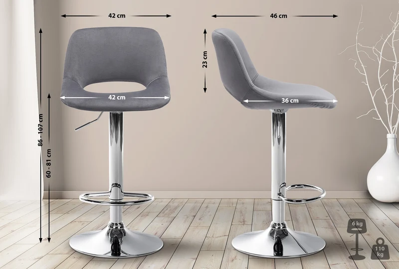 Tabouret de bar chaise haute x1 avec repose-pieds en velours gris foncé piètement métallique chromé 10_0004595
