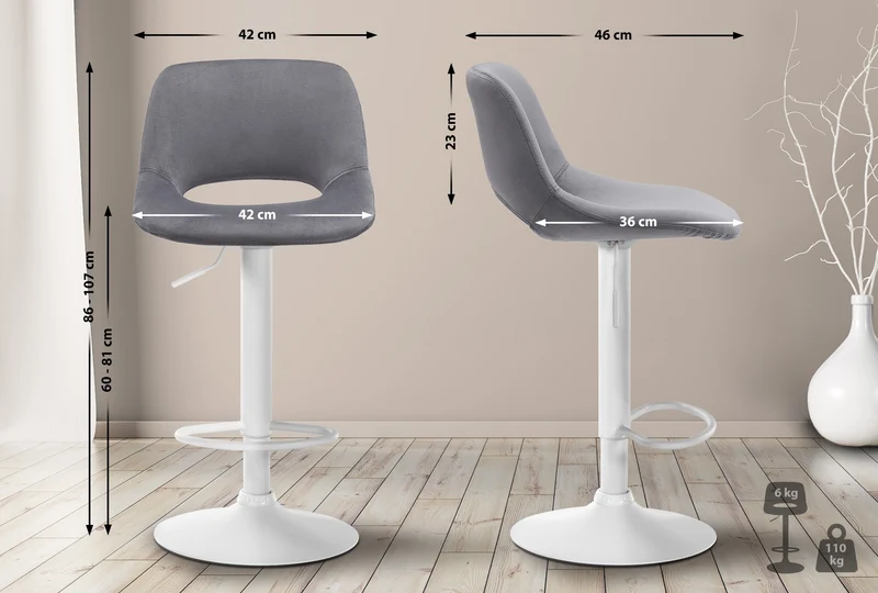 Tabouret de bar chaise haute x1 avec repose-pieds en velours gris foncé piètement métallique blanc 10_0004609