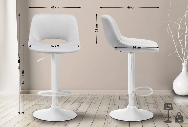 Tabouret de bar chaise haute x1 avec repose-pieds en velours gris clair piètement métallique blanc 10_0004607