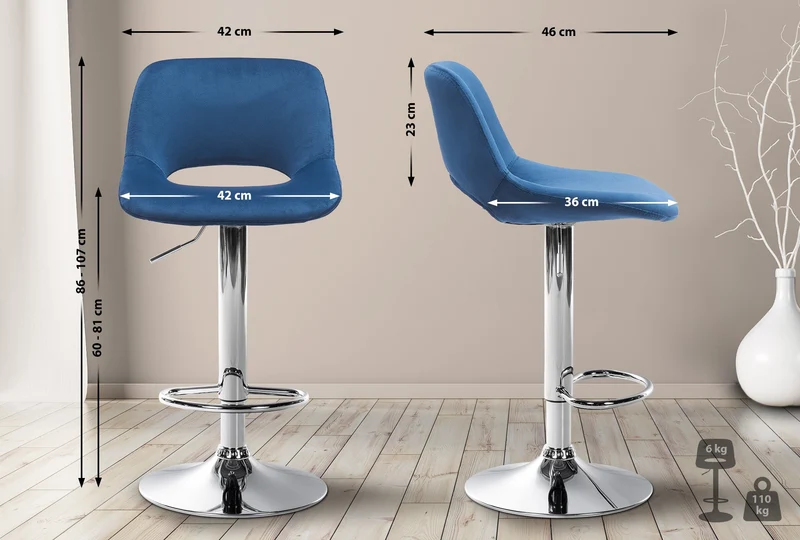 Tabouret de bar chaise haute x1 avec repose-pieds en velours bleu piètement métallique chromé 10_0004591