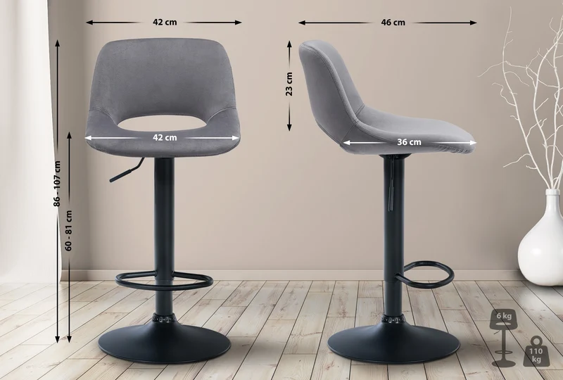 Tabouret de bar chaise haute x1 avec repose-pieds en velours gris foncé piètement métallique noir 10_0004602