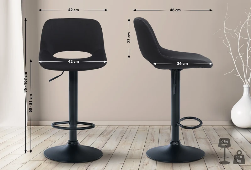 Tabouret de bar chaise haute x1 avec repose-pieds en velours noir piètement métallique noir 10_0004603