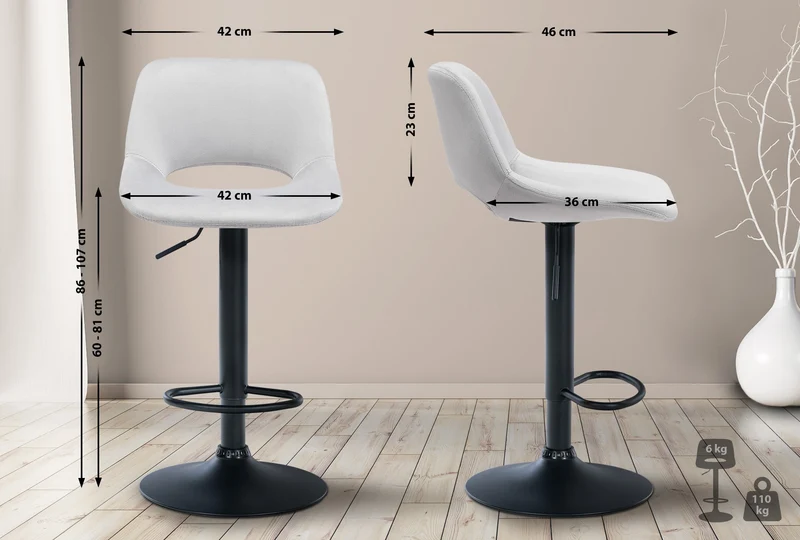 Tabouret de bar chaise haute x1 avec repose-pieds en velours gris clair piètement métallique noir 10_0004600