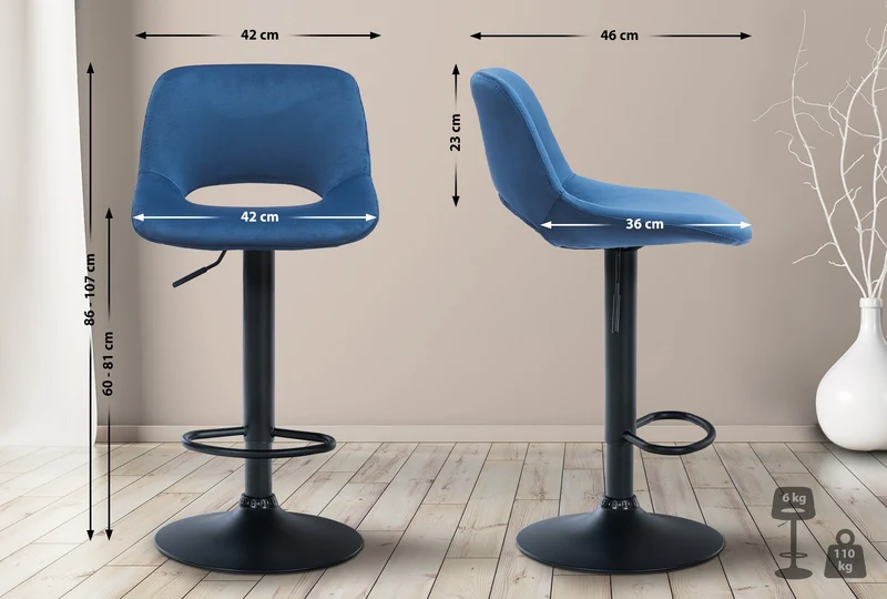 Tabouret de bar chaise haute x1 avec repose-pieds en velours bleu piètement métallique noir 10_0004598