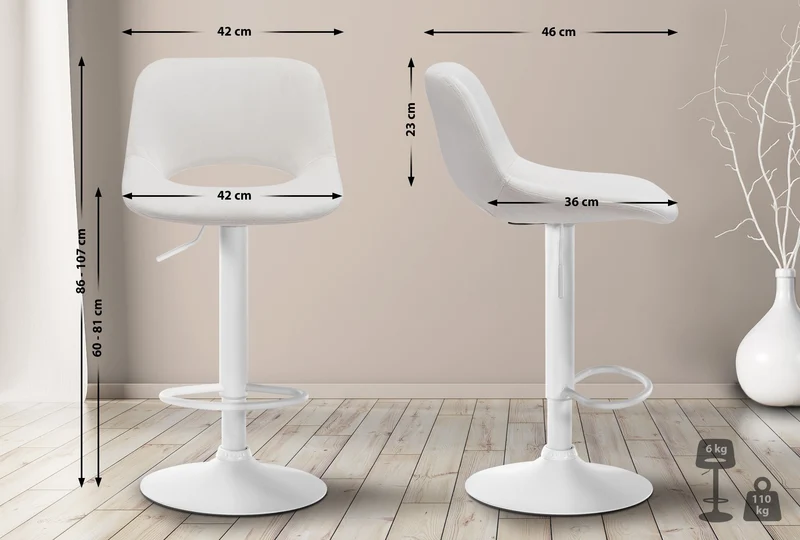 Tabourets de bar chaises haute x2 avec repose-pieds en velours crème piètement métallique blanc 10_0004086