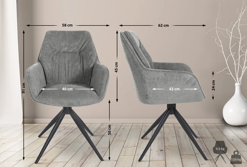 Chaise de salle à manger pivotant avec accoudoirs x1 en tissu gris et piètement en métal noir 10_0002044