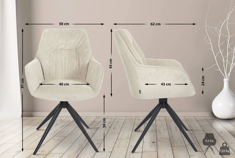 Chaise de salle à manger pivotant avec accoudoirs x1 en tissu crème et piètement en métal noir 10_0002042