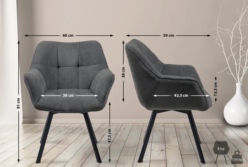 Chaise de salle à manger assise pivotante confortable en velours côtelé gris foncé et métal noir 10_0002039