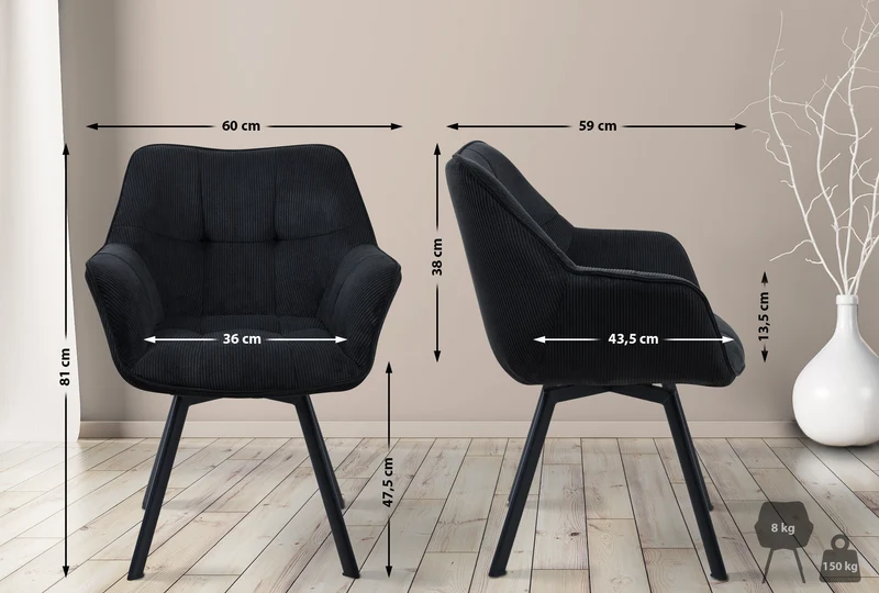 Chaise de salle à manger assise pivotante confortable en velours côtelé noir et métal noir 10_0002038