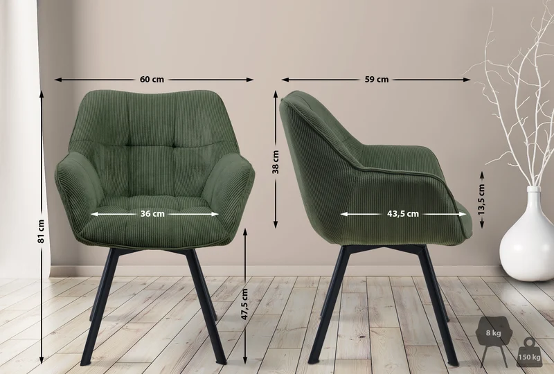 Chaise de salle à manger assise pivotante confortable en velours côtelé vert et métal noir 10_0002035
