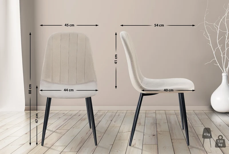 Chaise de salle à manger x1 design moderne coutures verticales velours gris et pieds en métal noir 10_0001984
