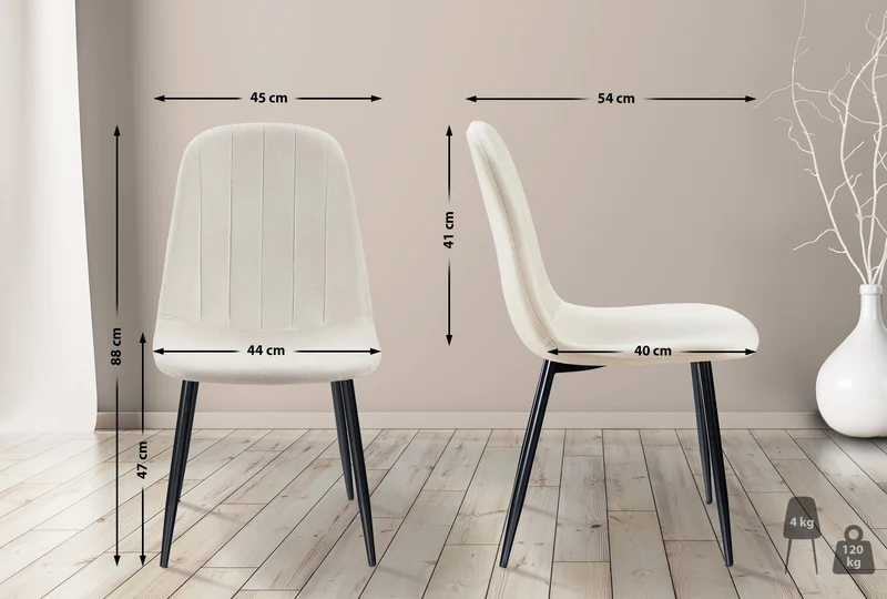 Chaise de salle à manger x1 design moderne coutures verticales velours blanc crème et pieds en métal noir 10_0001982
