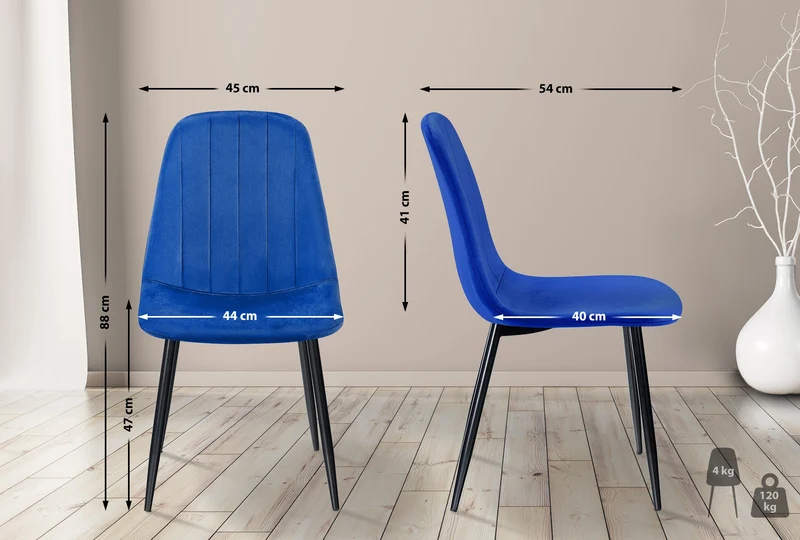 Chaise de salle à manger x1 design moderne coutures verticales velours bleu et pieds en métal noir 10_0001980