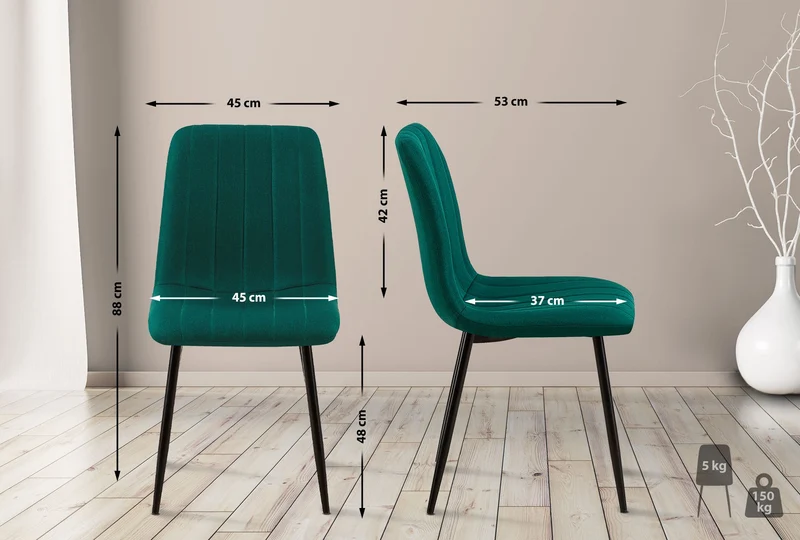 Chaise de salle à manger x1 avec coutures décoratives en tissu vert foncé et pieds en métal noir 10_0002212