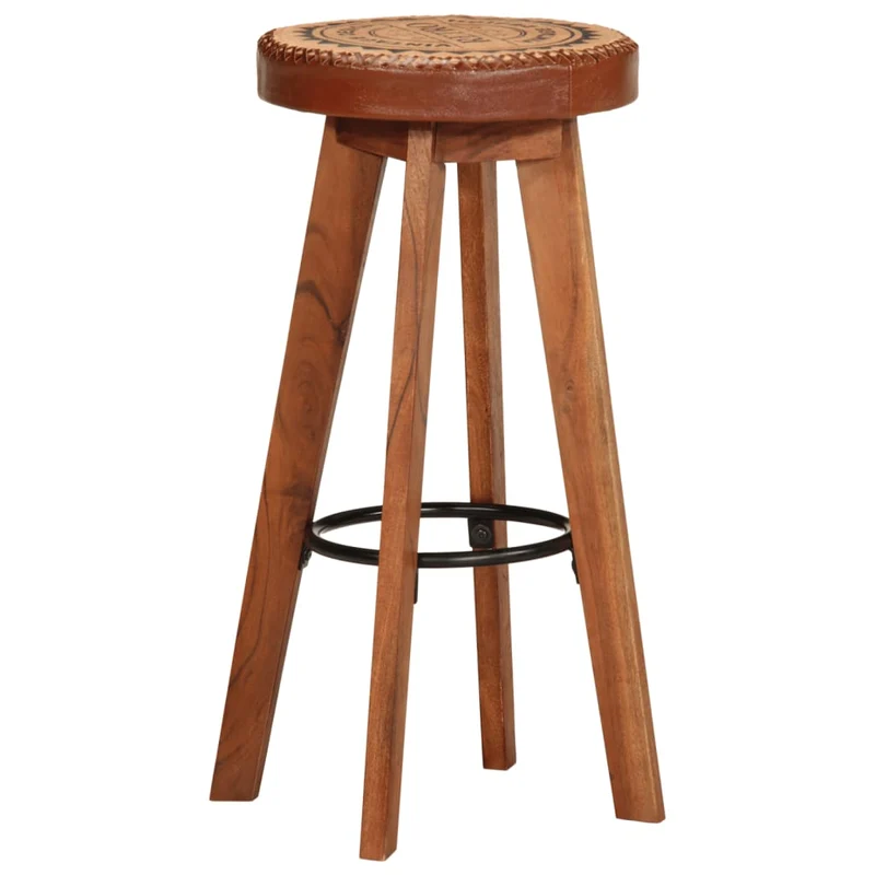 Lot de 2 tabourets de bar chaises hautes en cuir véritable et bois d'acacia design rétro DEC029568