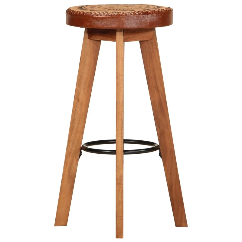 Lot de 2 tabourets de bar chaises hautes en cuir véritable et bois d'acacia design rétro DEC029568