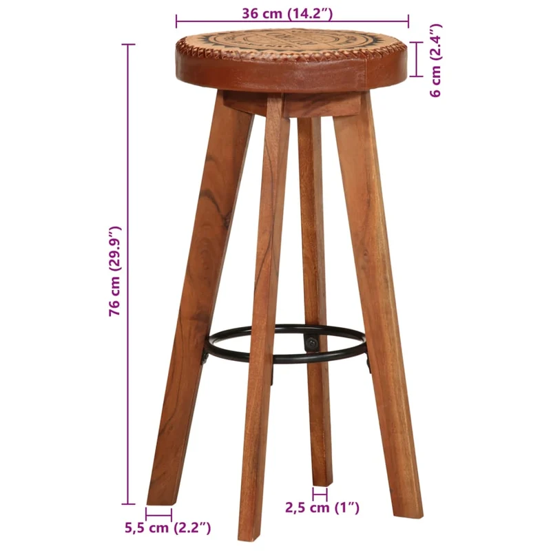 Lot de 2 tabourets de bar chaises hautes en cuir véritable et bois d'acacia design rétro DEC029568