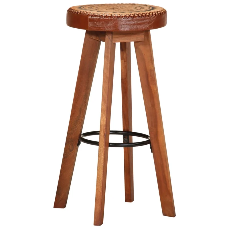 Lot de 2 tabourets de bar chaises hautes en cuir véritable et bois d'acacia design rétro DEC029568