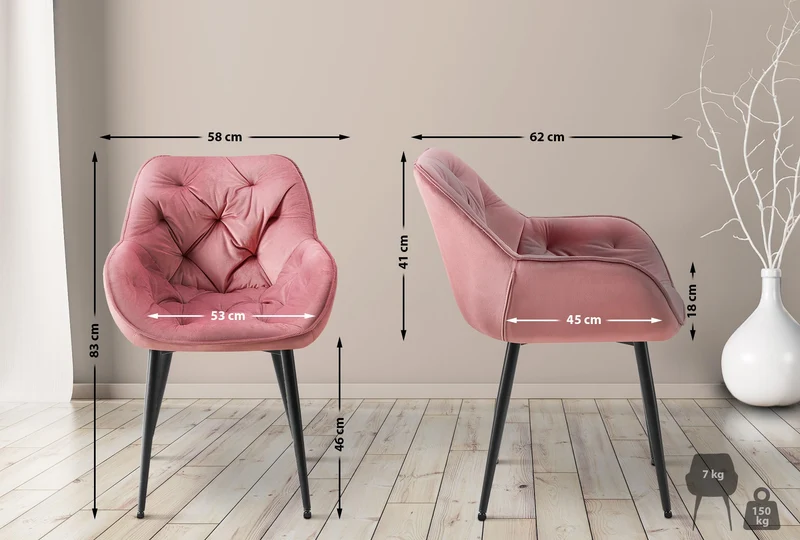 Chaise de salle à manger x1 design et moderne assise en velours rose et pieds en métal noir 10_0001496