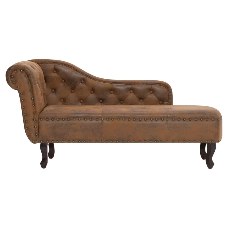 Méridienne chaise longue canapé dossier accudoir capitonné pour intérieur en PVC aspect daim marron DEC026202