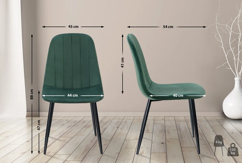 Set de 4 chaises de salle à manger coutures décoratives verticales en tissu vert et pieds métal noir 10_0001753