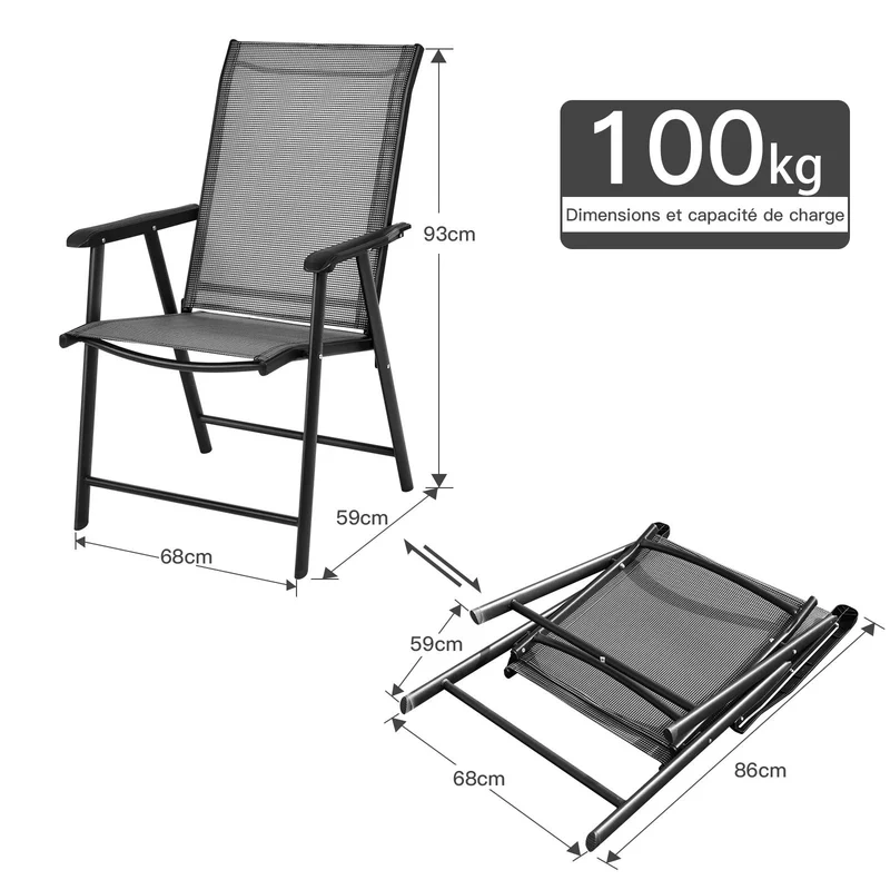 Lot de 2 chaises de jardin pliantes avec accoudoir dossier haut cadre en métal charge 100 kg pour extérieur camping plage 20_0000735