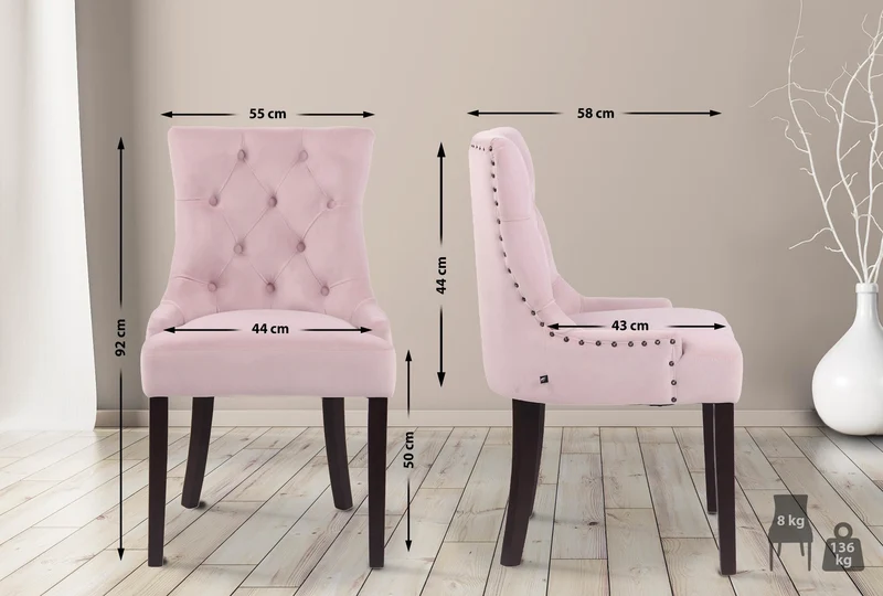 Chaise de salle à manger x1 design antique capitonné en velours rose avec 4 pieds en bois marron 10_0001930