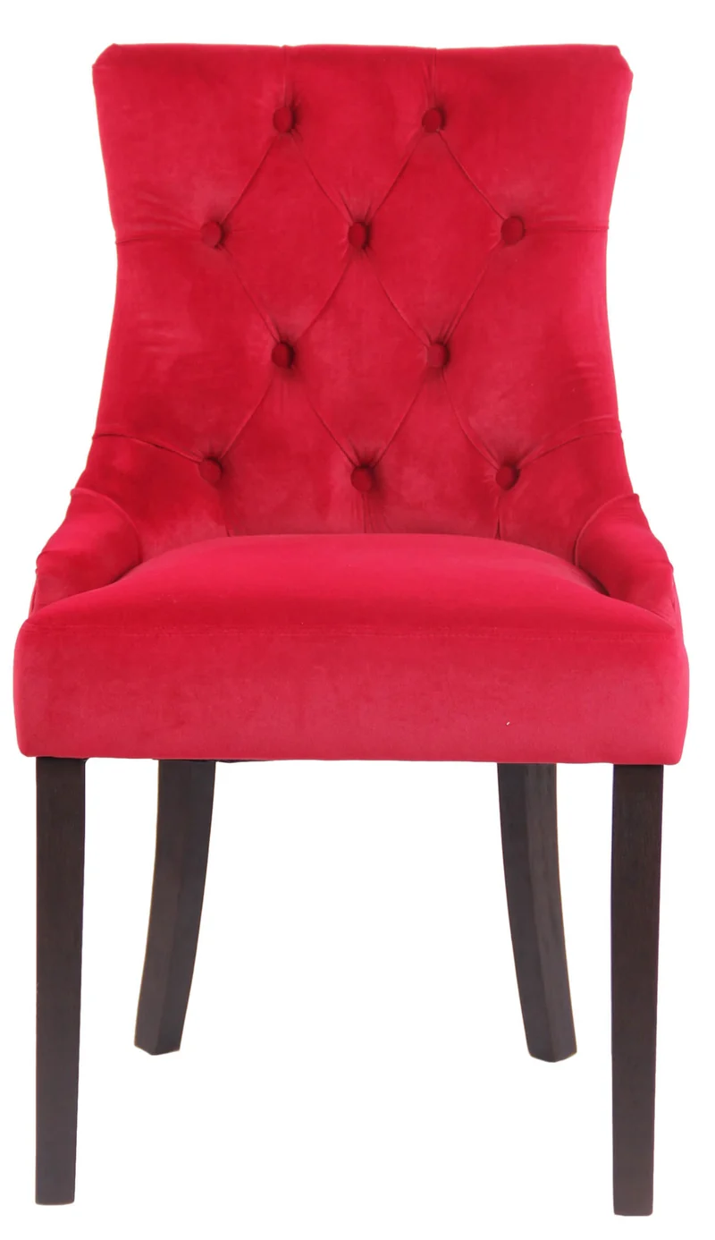 Chaise de salle à manger coutures décoratives et boutons asssise en velours rouge et peids en bois foncé 10_0001929